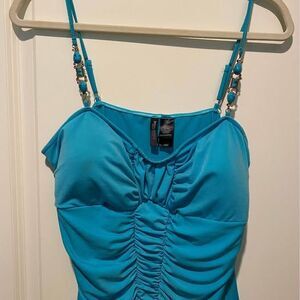 Bisou Bisou Jeweled Ruched Tank Top – Turquoise Blue